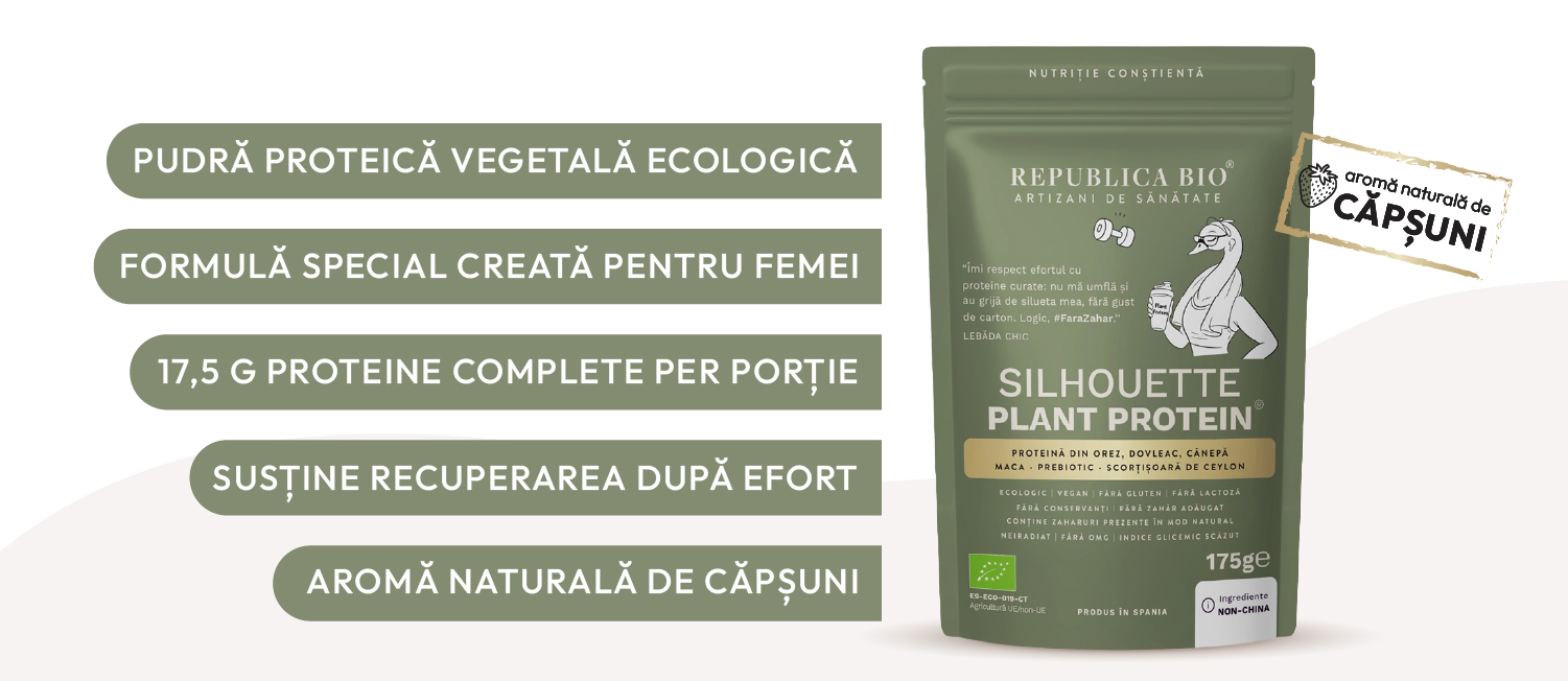 Silhouette Plant Protein: pudră proteică vegetală ecologică, formulă special creată pentru femei, 17,5 g proteine complete per porție, susține recuperarea după efort, aromă naturală de căpșuni